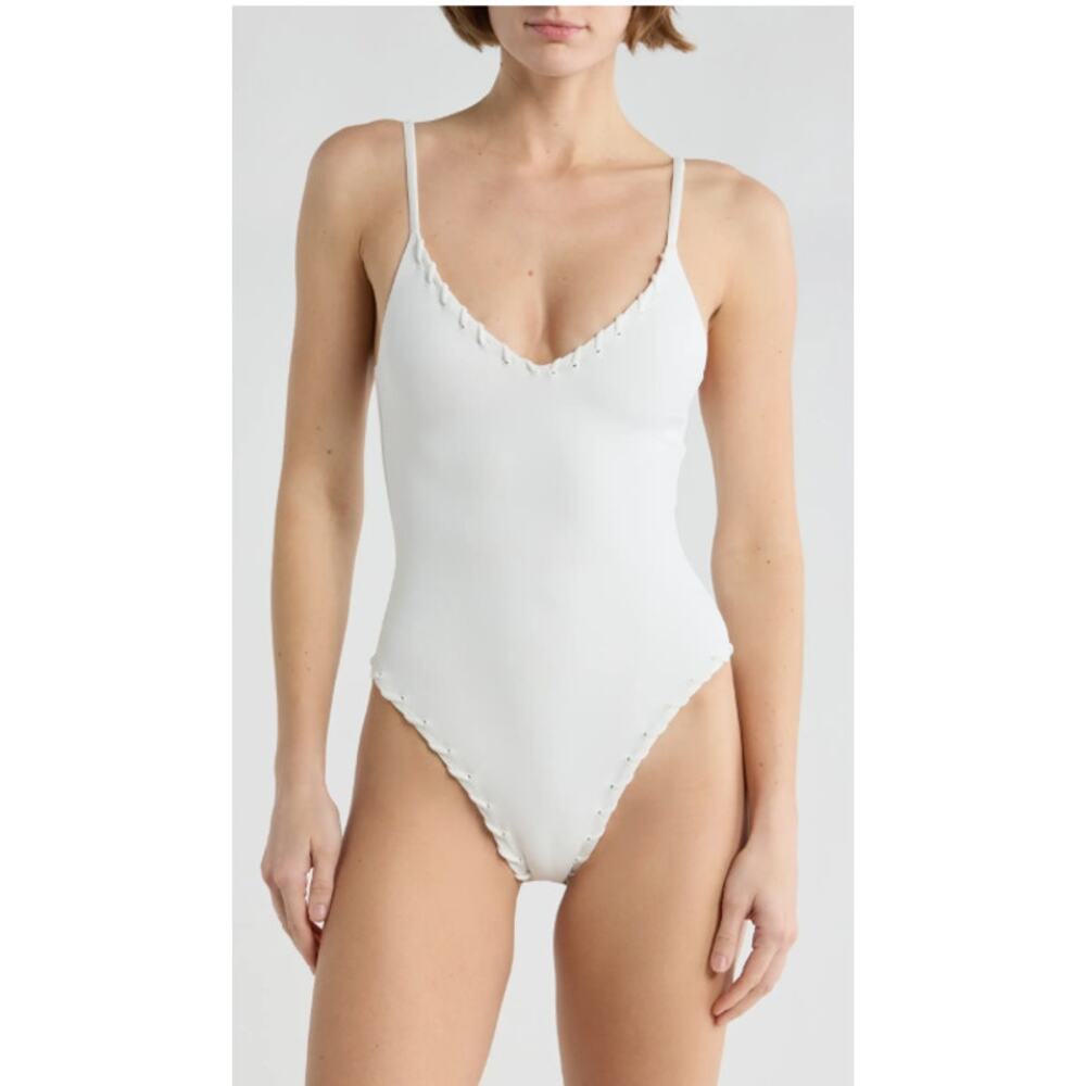 Good American $160 Small White Whip Stitch One-Piece Swimsuit Summer Beach
